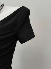 SHEIN EZwear Summer Western Wear Women Tops Black  Knit Women's Fitted Short Sleeve One Shoulder,Rave Top