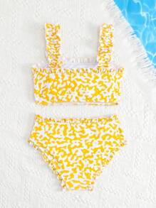 Preteen Tween Girl' Orange Ditsy Floral Wide Strap Ruffle Trim Bikini Swimwear, Mommy And Me Matching Outfits (3 Sets Are Sold Separately) - Multicolor - View 2