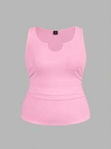 Slaydiva Simple Basic Sporty Casual Daily Fitted Solid White Notched Collar Ruching Textured Ribbed Women's Plus Size Regular Tank Top, Spring/Summer - Pink - View 4