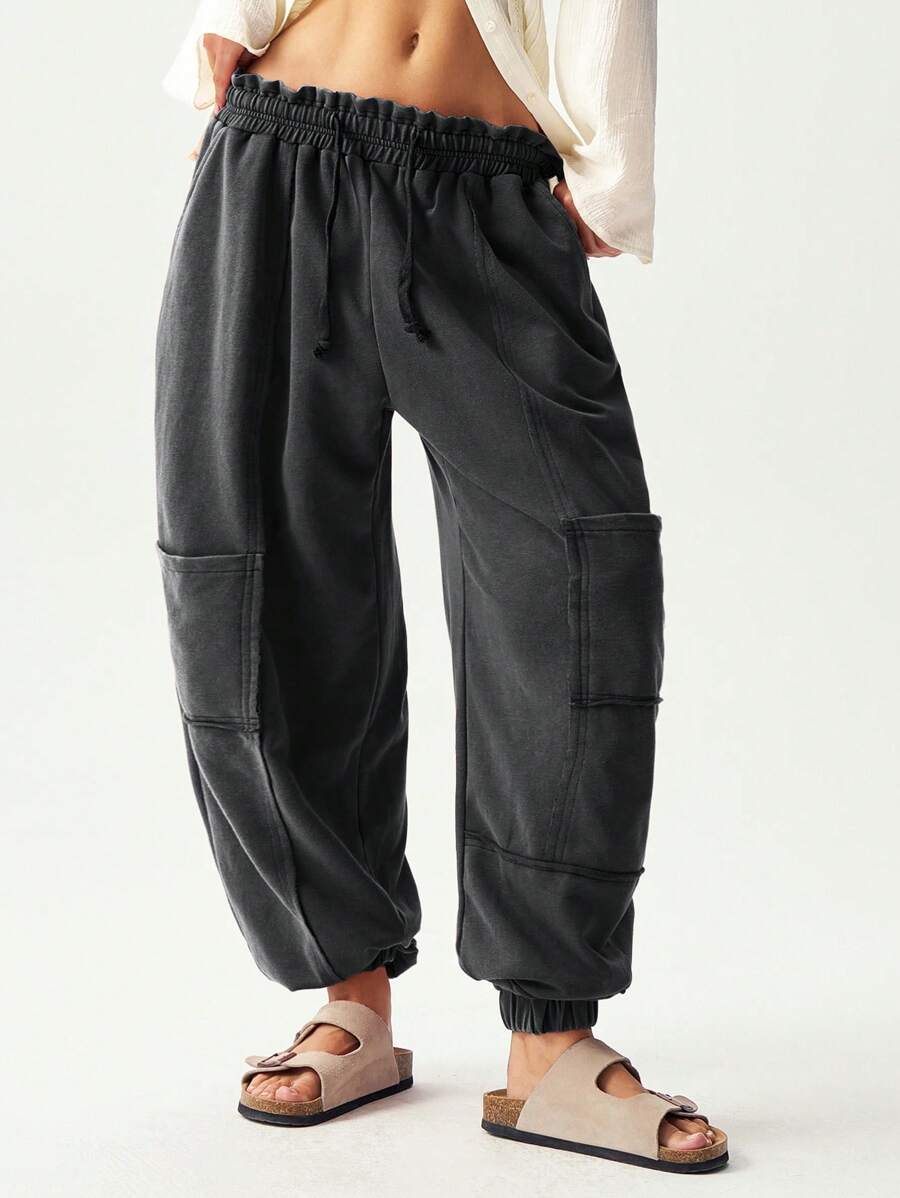 Bohemela Pantalón de chándal de punto de unicolor con cordón, de corte holgado, para mujer - Negro - Ver 1