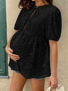 SHEIN 孕妇度假休闲纯色纹理系带短袖衬衫 - 黑色 - 查看 5