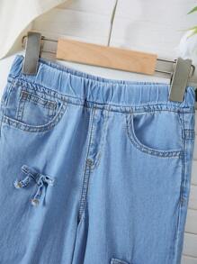 SHEIN Young Girl Y2K Vintage Blue Denim Bow Decor Loose Wide Leg Pants, Girl Fall Denim Jeans,Fall Back To School Cute - Baby Blue - View 3