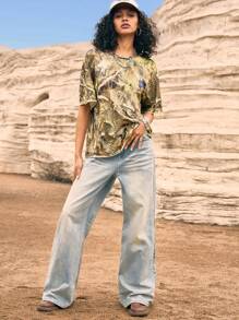 Easelle Summer Women's Vintage Western Style, Cowgirl Camouflage Branch & Leaf Splatter Print Knitted Women's Casual Loose T-Shirt - Multicolor - View 4