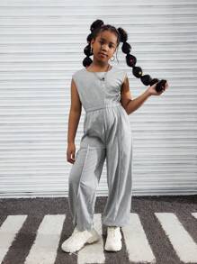 Tween 女童春夏休闲针织圆领无袖松紧腰连体裤、户外街头装哈伦裤 - 灰色 - 查看 6