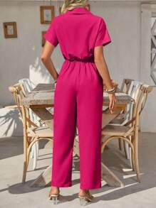 EMERY ROSE Mono casual de una sola pieza para mujer con mangas cortas y bolsillo utilitario - Rosa Fucsia - Ver 2