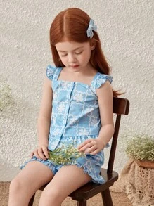 Blossori Young Girls Elegant French Style Blue Floral & Geometric Print Top And Shorts Set, Spring/Summer - Blue - View 5