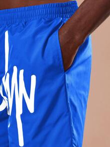 SUMWON Signature Graffiti Style Board Shorts Athletic Beach Surfing Swimming Trunks Summer Sports Pool Party Vacation Lounge Essential Modern Urban Design Swimwear - Royal Blue - View 7