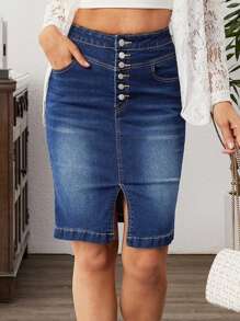 Breezaya Women's Casual Blue Denim Knee Length Skirt With Button Front And Front Slit - Blue - View 3