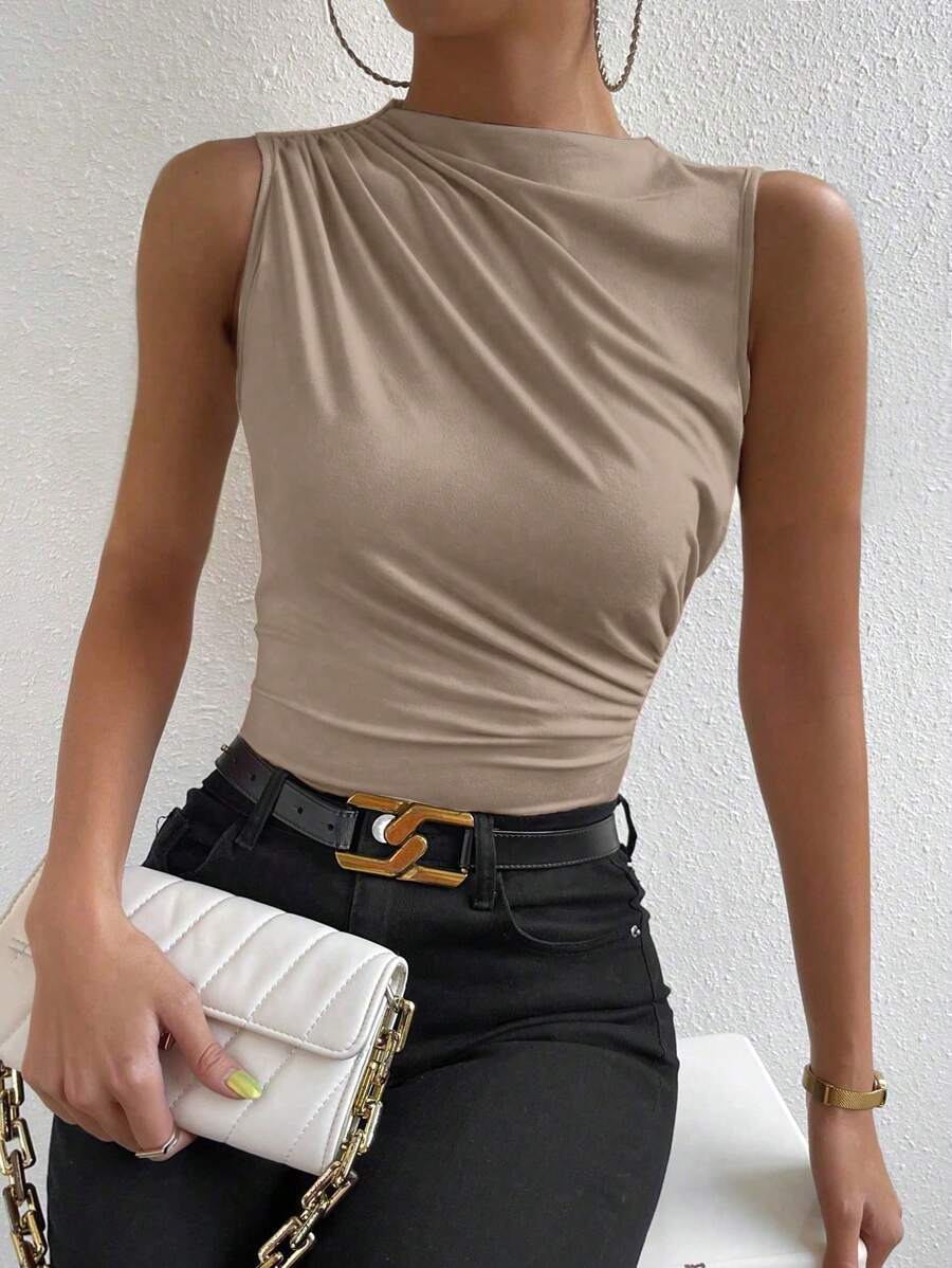 VaVaBold 女士纯色立领褶裥休闲百搭上衣 - 卡其色 - 查看 1