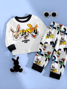 SHEIN Baby Boys Cartoon Puppy Print Color Block Rib Crew Neck Long Sleeve T-Shirt And Pants Casual Suit, Spring/Autumn