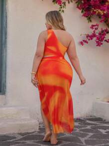 Swim Oasis 大码女式高级 Oasis 三件套 - 黄色渐变印花单肩褶皱高腰裤，搭配渐变印花网眼裙，夏季海滩度假 - 黃色 - 查看 2