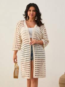 EURMUSE Drop Shoulder Open Knit Duster Cardigan - Beige - View 4