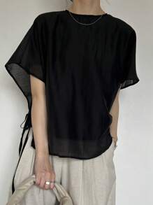 FRIFUL Women's Black Loose Drop Shoulder Shirt, Business Casual Summer - Black - View 2