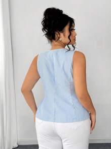 Elenzga Áo vest không tay thanh lịch & tinh tế dành cho nữ, áo sơ mi kẻ sọc xanh ôm vừa vặn cỡ lớn, mùa hè - Màu xanh lam - Xem 2