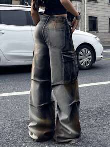 Coolane 女士春夏复古 Dirty Cargo 基本款牛仔脏洗直筒裤 - 黑色 - 查看 2