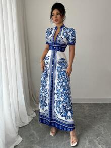 Elenzga Robe élégante à manches courtes, décolleté en V, boutons et imprimé floral pour femmes