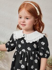 Blossori Baby Mädchen Schwarzes Blümchen Kleid mit gerüschtem Kragen, Frühling/Sommer