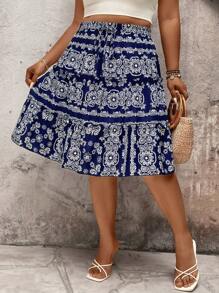 SHEIN LUNE Gonna casual con vita alta a-line, multicolore, con coulisse, multifunzionale, per vacanze, taglie comode