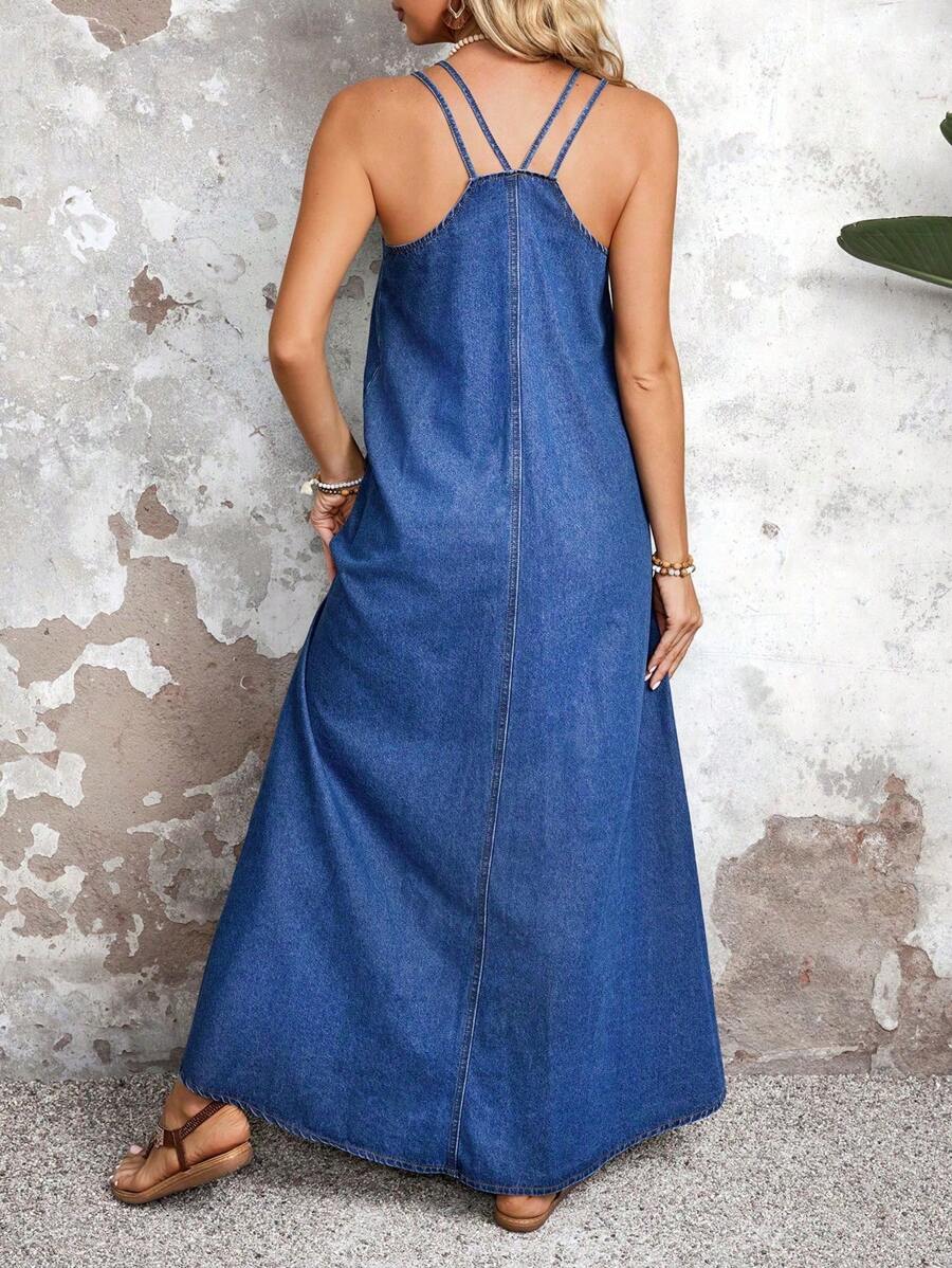Breezaya Women's Long Denim Overall Dress With Dual Pockets - Blue - View 1