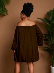 Maweii Plus Size Solid Color Off-Shoulder Long Sleeve Elastic Waist Short Dress Fall - Coffee Brown - View 2