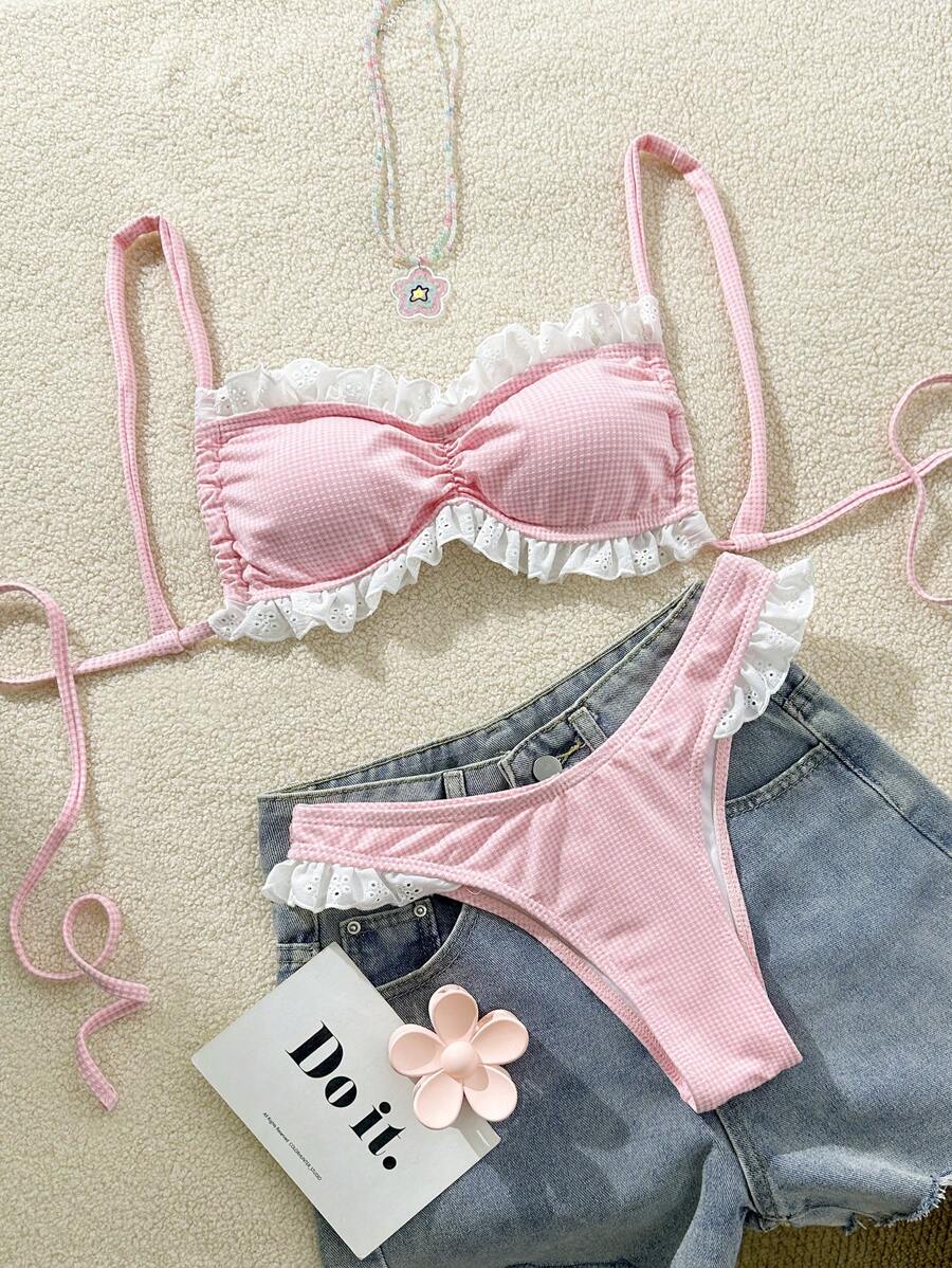 Swim Mod 可爱粉色格子荷叶边细肩带女式泳衣套装，夏季沙滩装 - 粉色 - 查看 1