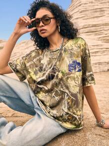Easelle Summer Women's Vintage Western Style, Cowgirl Camouflage Branch & Leaf Splatter Print Knitted Women's Casual Loose T-Shirt - Multicolor - View 2