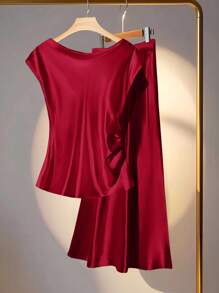 Franclia 2pcs Set Elegant Commuter Solid Color V-Neck Blouse And Skirt - Red - View 2