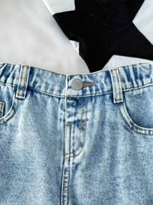 SHEIN Young Girl 2025 New Y2k Light Blue Distressed Frayed Denim Middle Pants - Light Wash - View 4