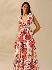 CAJUNI 女士深 V 领无袖系带休闲度假沙滩裙，波西米亚风热带豹纹、菠萝、巨嘴鸟印花长裙，夏季 - 橘色 - 查看 4