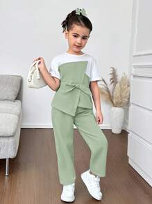 Firerie Kids Firerie Kids 2pcs/Set Young Girl Knit Patchwork Contrast Color Top And Woven Long Pants