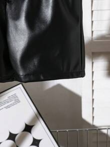 SHEIN Young Girl' Fashionable Casual Versatile Cool Round Neck Puff Sleeve Romper With Faux Leather Pants - Black - View 4