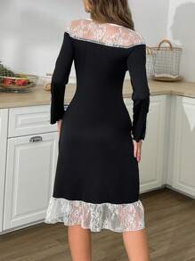 Romantic Lace Patchwork Ruffle Hem Long Sleeve Women's Nightgown Babydoll Holiday Season - Black - View 2