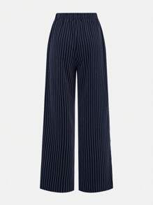 Girlism Teen Girls Back To School, Campus, Navy & White Striped Thin Blazer Top And Low Waist Suit Pants 2 Pieces Set