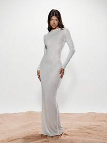 KIZN Hotfix Lưới Pha Lê Đính Đá Dài Tay Váy Maxi Trang Trọng Trang Phục Dạ Hội Cuộc Thi Đám Cưới Khách Sạn Tầng Dài Cổ Cao Bodycon Lấp Lánh Bữa Tiệc Bóng - trắng - Xem 1