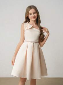Tween Girl 无袖单肩蝴蝶结腰部 A 字型优雅简约婚礼派对礼服（配腰带） - 杏色 - 查看 4