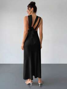 Firerie The New Yellow Satin Silk Elegant Backless Strappy Collar Ruffled Hem Long Dress Is Suitable For Wedding Season, Bridesmaid Dresses, Date Night, Cocktail Parties, Graduation Ceremonies, Garden Parties, Vacations And Other Occasions, Highlighting The Body Curves And Highlighting Personal Unique Charm,Rave Outfits Festival - Black - View 3