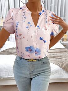 SHEIN Privé 女士优雅花卉印花 V 领荷叶边袖皱褶衬衫，适合夏季、度假和日常穿着