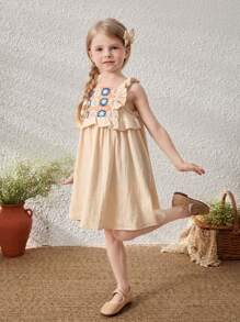 Blossori Young Girls Elegant French Style Apricot Floral Lace Trimmed Ruffle Hem Sleeveless Dress, Spring/Summer - Multicolor - View 6