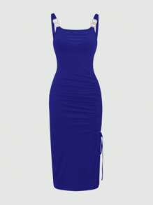 Chiquease Vestido de mujer elegante con abertura, adecuado para el verano - Azul - Ver 4