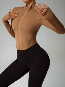 SHEIN 女士简约时尚运动夹克适合夏季 - 卡其色 - 查看 4