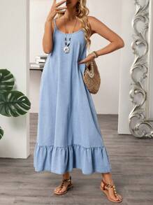 Breezaya 女式休闲宽松荷叶边下摆细肩带牛仔连衣裙