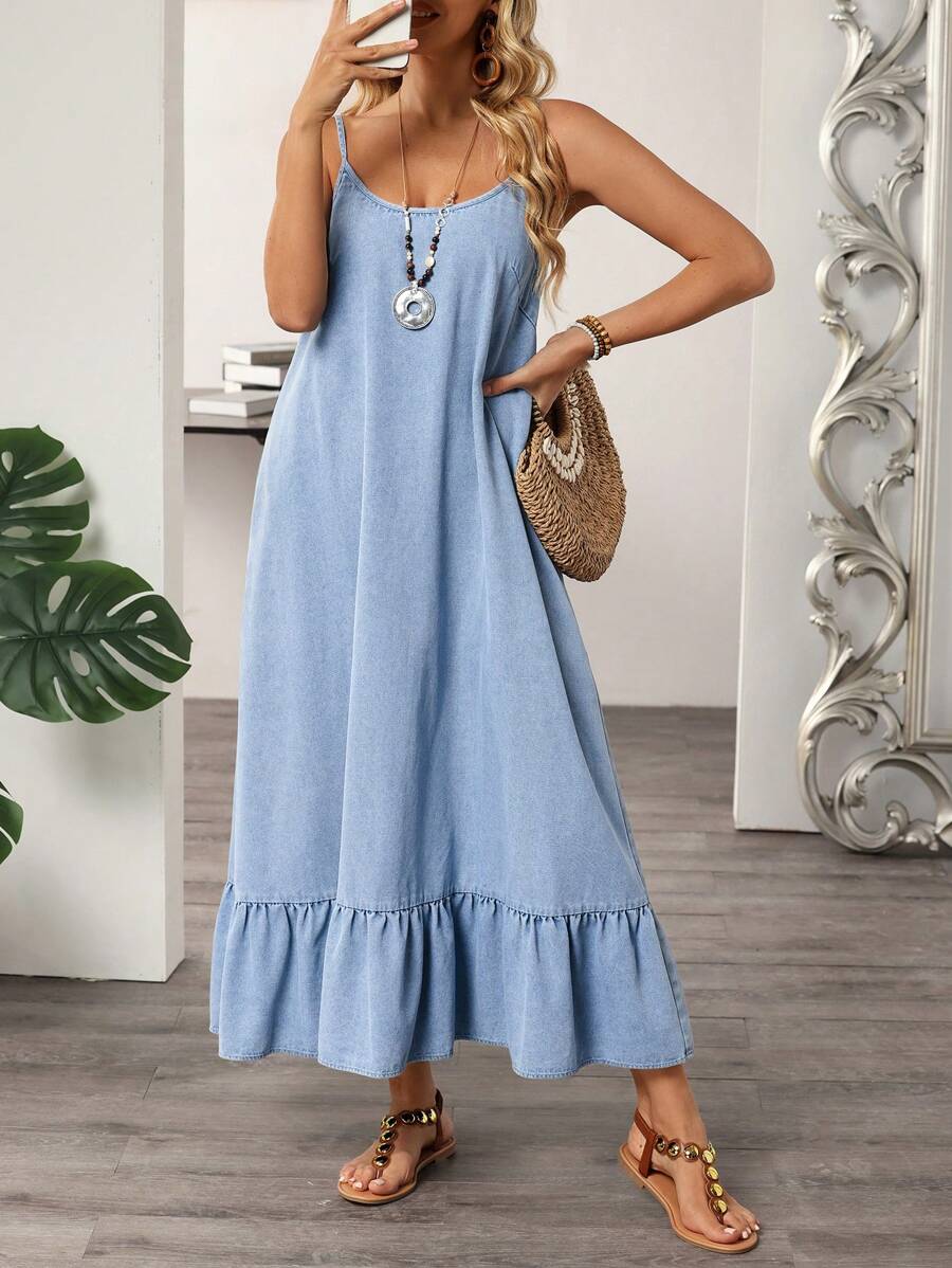 Breezaya 女式休闲宽松荷叶边下摆细肩带牛仔连衣裙