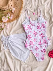 SHEIN Bộ đồ bơi liền thân họa tiết hoa nhỏ xinh xắn kèm váy che chắn cho bé gái tuổi teen đi nghỉ mát mùa xuân - Hồng - Xem 2