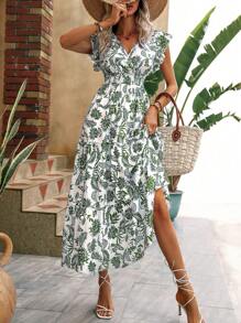 SHEIN Clasi New Floral Print Butterfly Sleeve Ruffle Hem Sexy Bohemian Maxi Dress For Vacation & Commute - Army Green - View 3