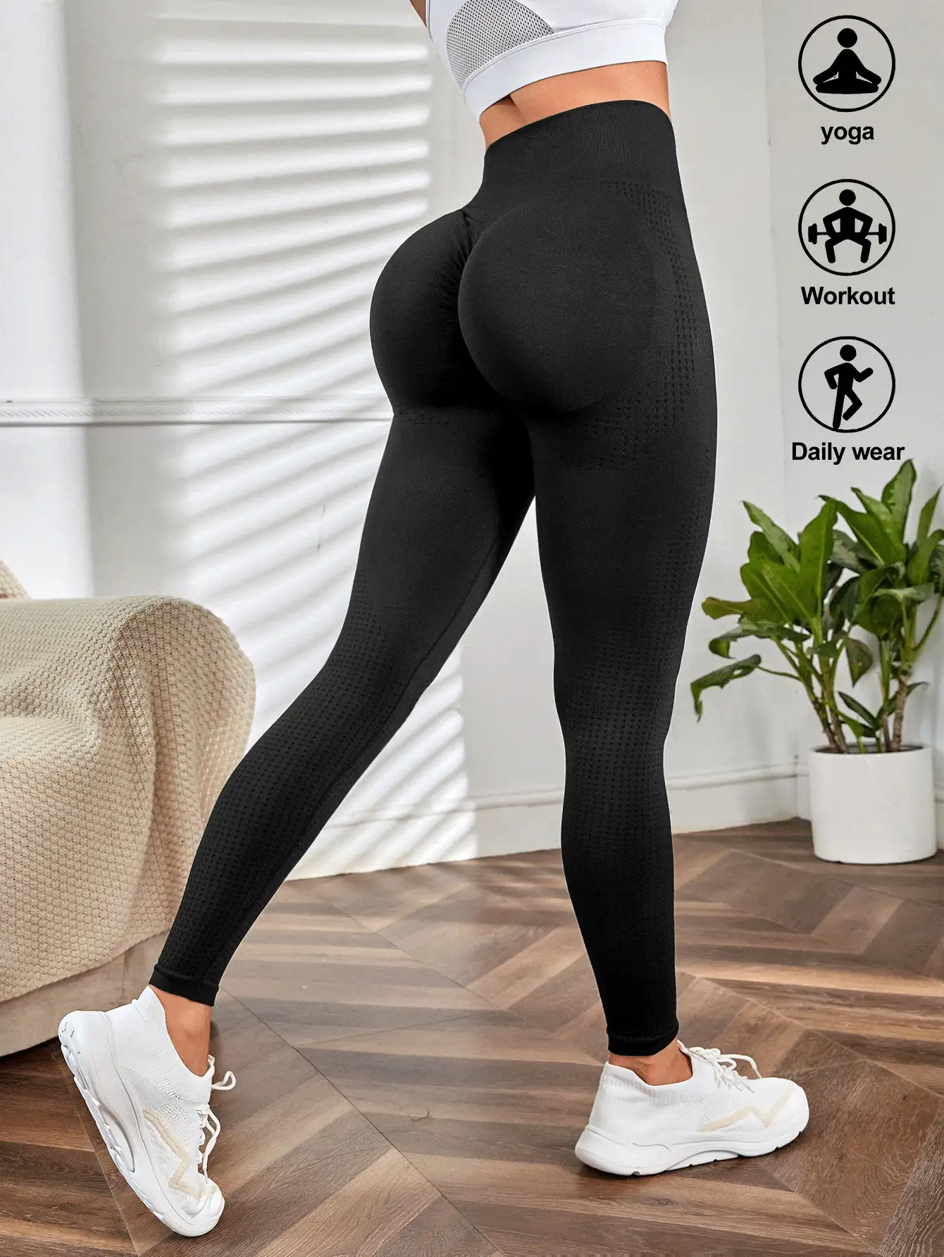 Seamluxe SHEIN Sport Quần bó yoga liền mạch Bong bóng co giãn cao mông Đẩy lên Xà cạp tập thể dục kiểm soát bụng - màu đen - Xem 2