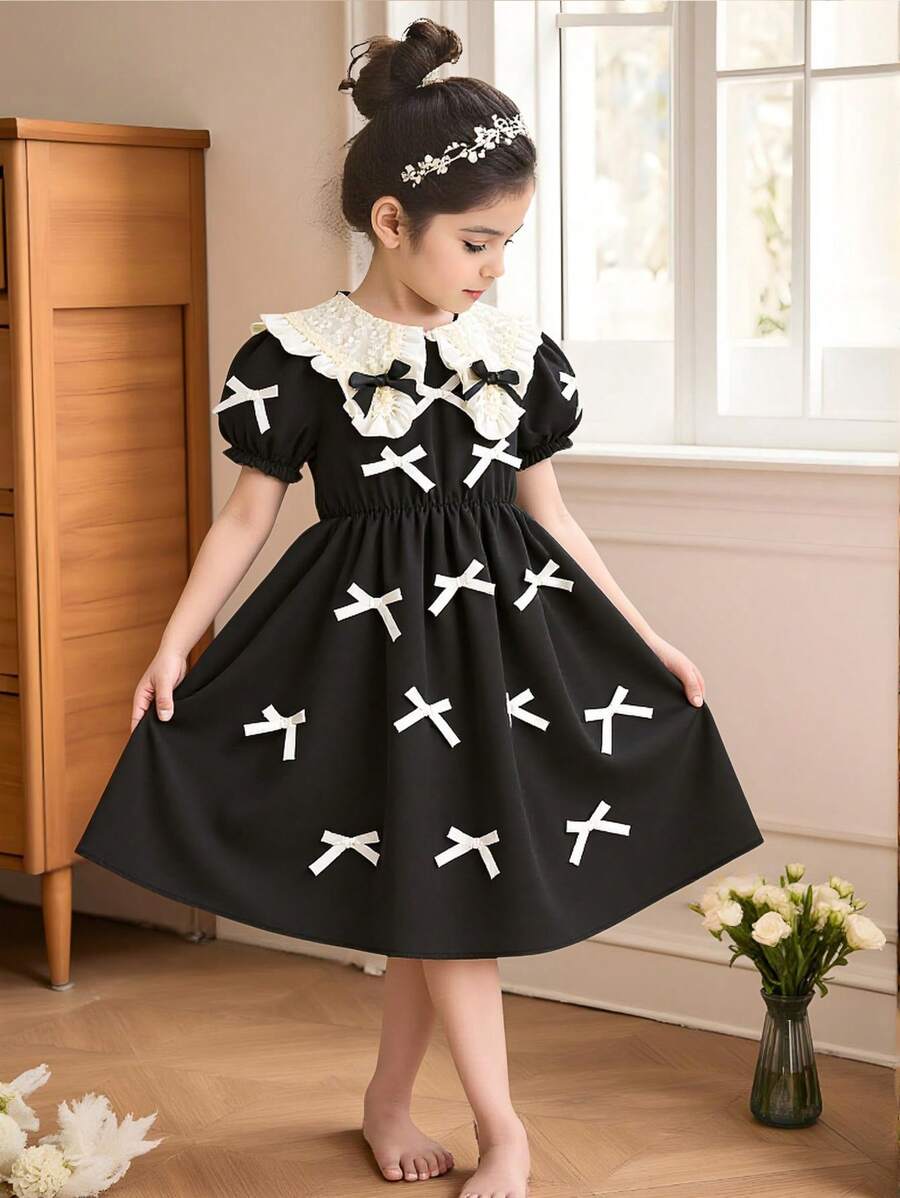 SHEIN Young Girl Elegant Color Block Peter Pan Collar Bow Decor Dress - Black - View 1