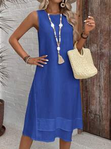 EMERY ROSE Casual Cotton Sleeveless Round Neck A-Line Dress For Summer White Dress,Summer Dresses For Women
