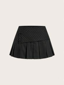 SHEIN EZwear 女士夏季街头服饰 Y2K 商务休闲西部音乐会复活节返校节外出复古学院风条纹低腰百褶裙，优雅 - 黑色 - 查看 6
