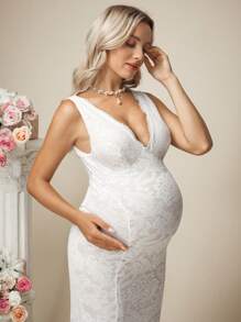 SHEIN 孕妇优雅纯色蕾丝拖尾婚纱 - 白色 - 查看 4