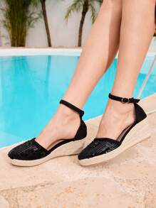 Styleloop Women's Vacation Casual Sequin Wedge Heels - Black - View 7